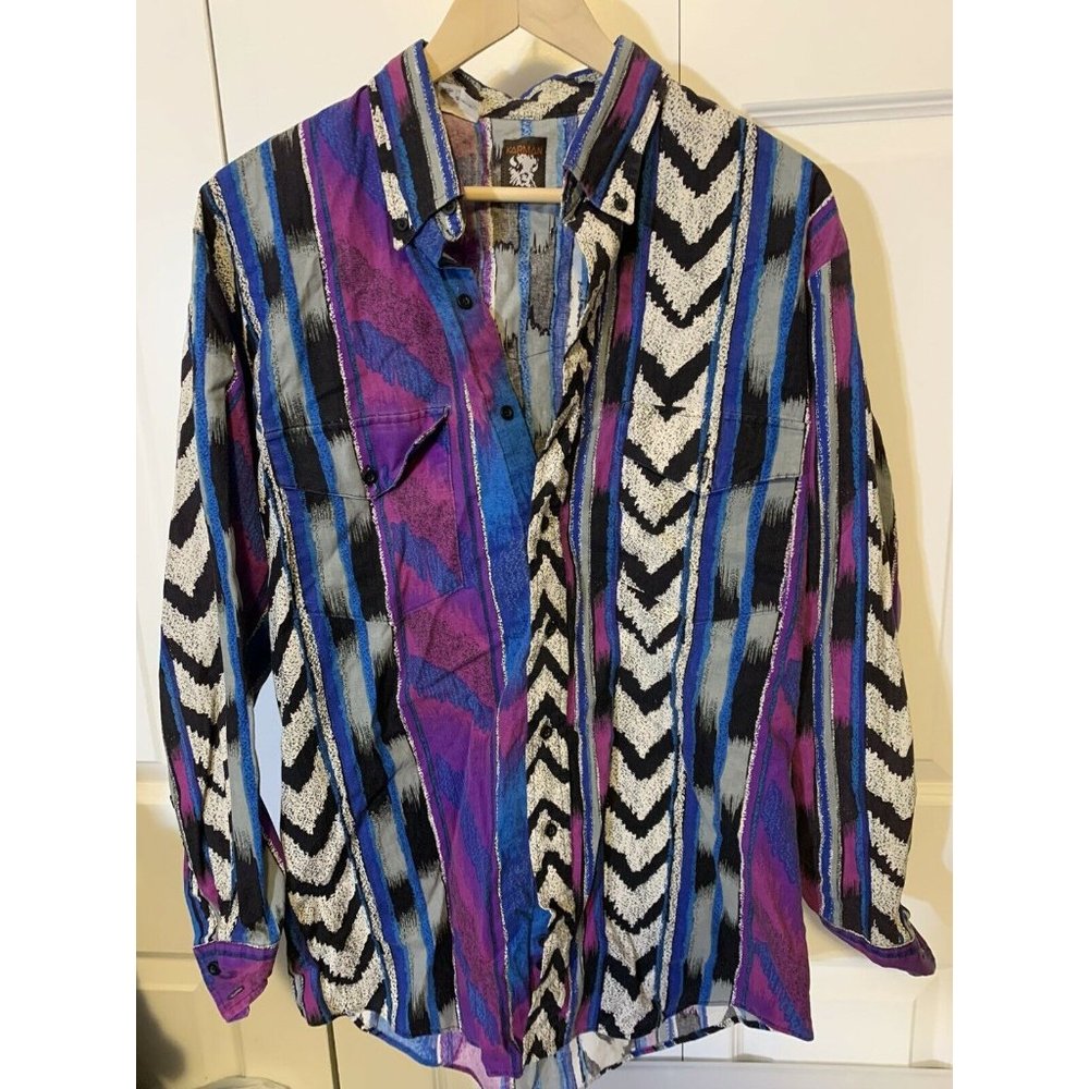 VINTAGE KARMAN Men’s Sz L KARMAN WESTERN WEAR SHIRT Geometric Blue‎ Purple Black